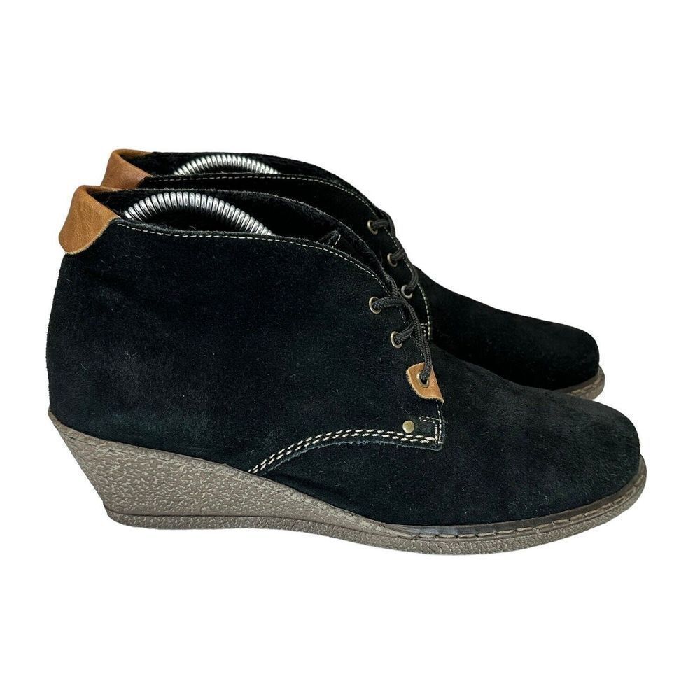 Rieker Black Suede Ankle Wedge Front Lace Up Booties Womens EU Size 40 US Size 8